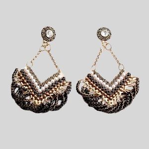 Anthropologie Gold Plated Black Crystal Tassel Chevron Earrings